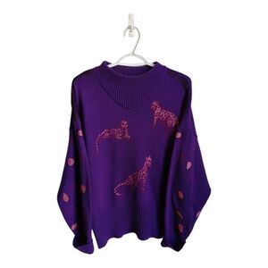 Vintage Hand Painted Purple Leopard Print Women's Sweater Medium Grandmacore